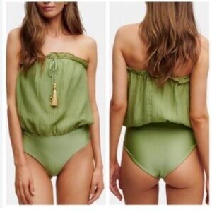 Strapless Blouson One-Piece Swimsuit in Olive Green